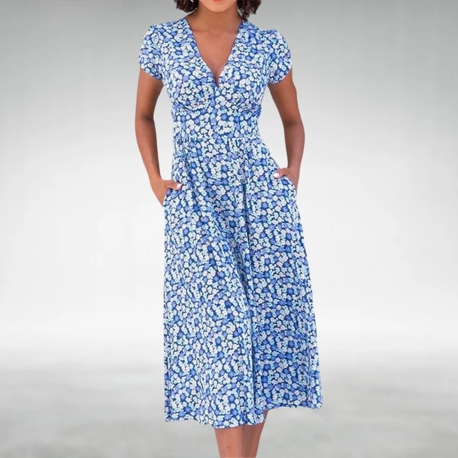 Liliana | Women's V-Neck Fit and Flare Midi Dress-Omni Prime Goods