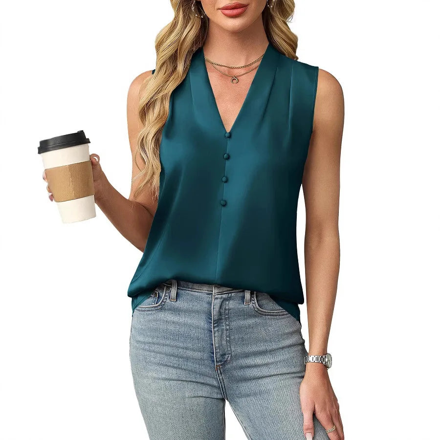 Lilianna | Women's Sleeveless Satin V-Neck Blouse-Omni Prime Goods