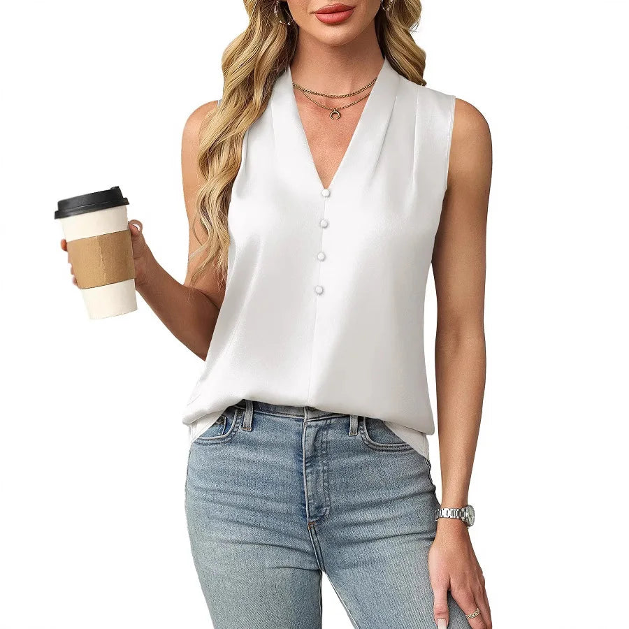 Lilianna | Women's Sleeveless Satin V-Neck Blouse-Omni Prime Goods
