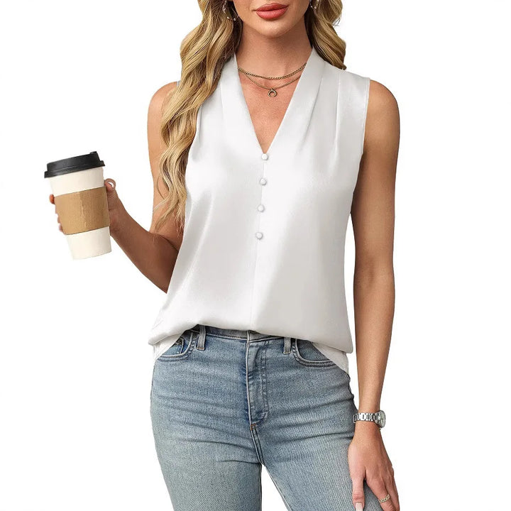 Lilianna | Women's Sleeveless Satin V-Neck Blouse-Omni Prime Goods