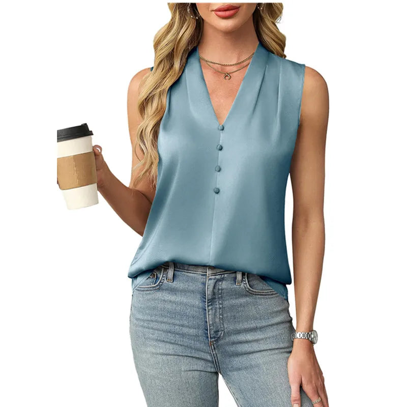 Lilianna | Women's Sleeveless Satin V-Neck Blouse-Omni Prime Goods