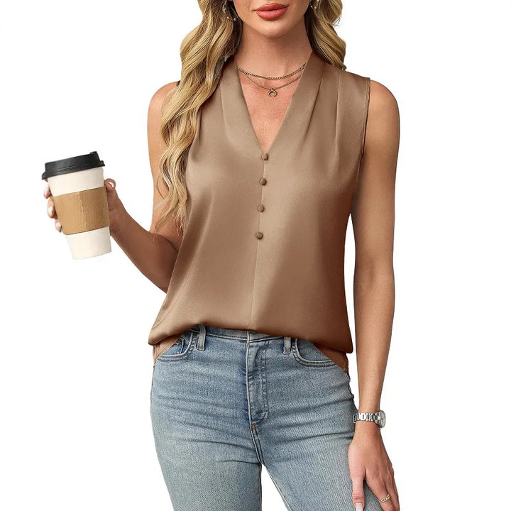 Lilianna | Women's Sleeveless Satin V-Neck Blouse-Omni Prime Goods