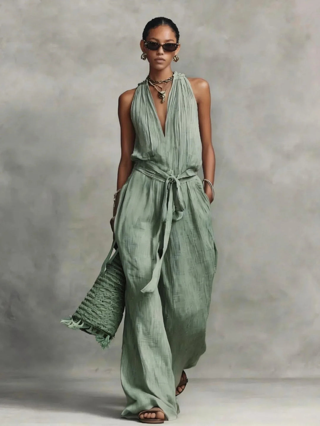 Lillian | Women's Front Tie Wide Leg Jumpsuit-Omni Prime Goods