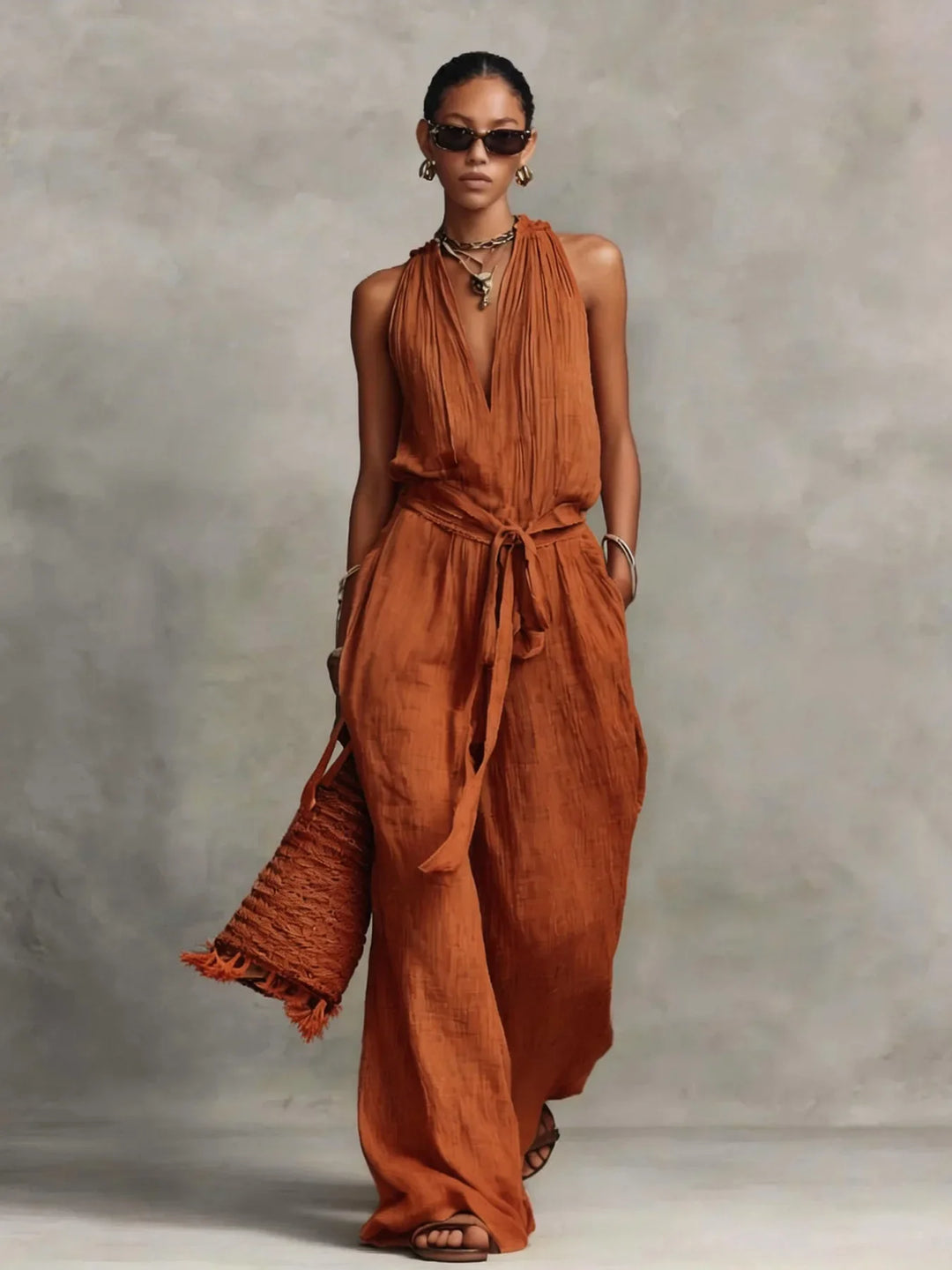 Lillian | Women's Front Tie Wide Leg Jumpsuit-Omni Prime Goods