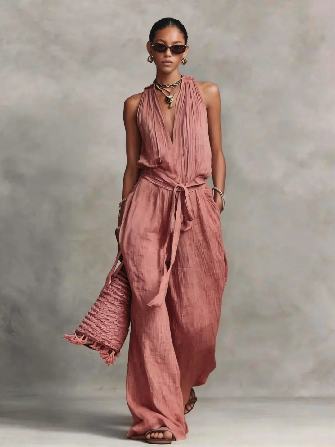 Lillian | Women's Front Tie Wide Leg Jumpsuit-Omni Prime Goods