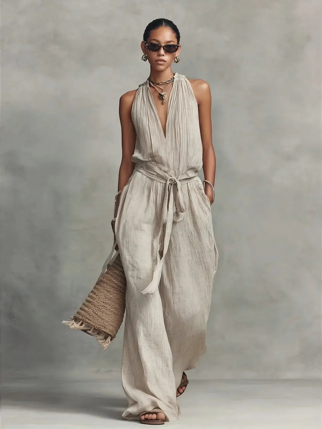 Lillian | Women's Front Tie Wide Leg Jumpsuit-Omni Prime Goods
