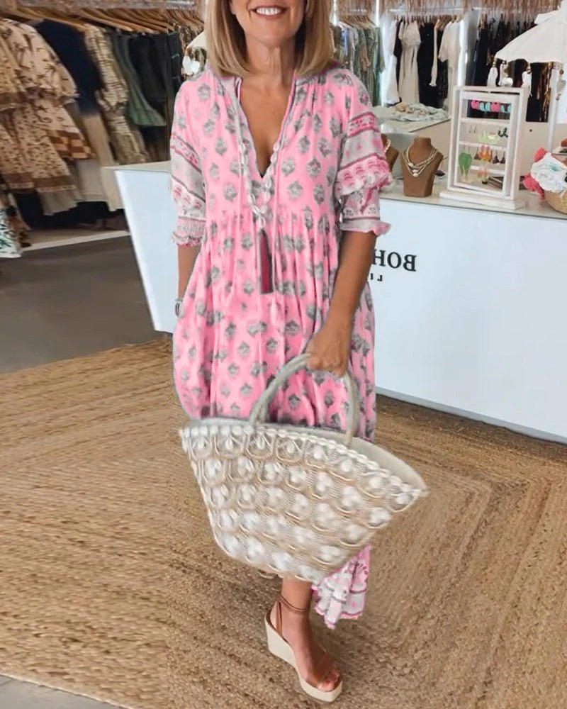 Women's Floral V Neck Midi Summer Dress