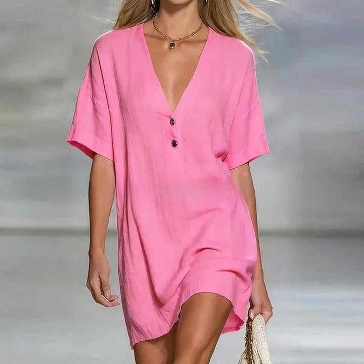 Liora | Women's V Neck Linen Shirt Dress-Omni Prime Goods