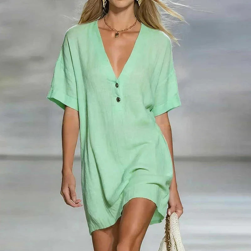 Liora | Women's V Neck Linen Shirt Dress-Omni Prime Goods