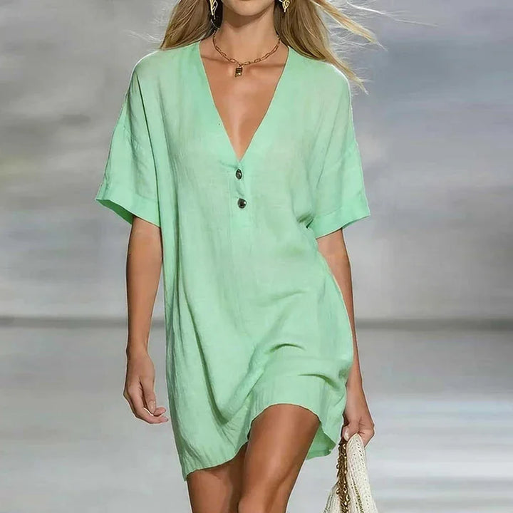 Liora | Women's V Neck Linen Shirt Dress-Omni Prime Goods
