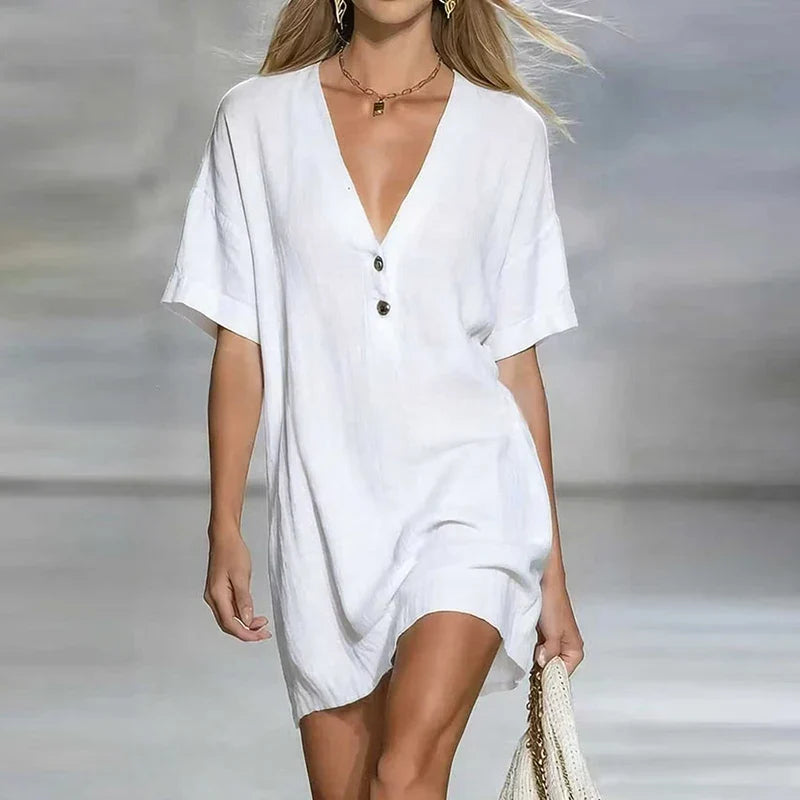 Liora | Women's V Neck Linen Shirt Dress-Omni Prime Goods