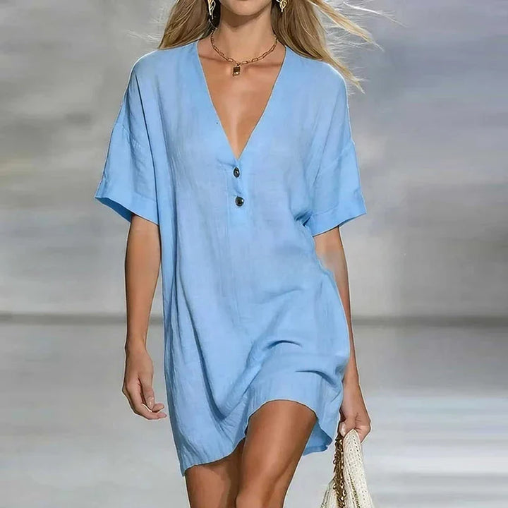 Liora | Women's V Neck Linen Shirt Dress-Omni Prime Goods