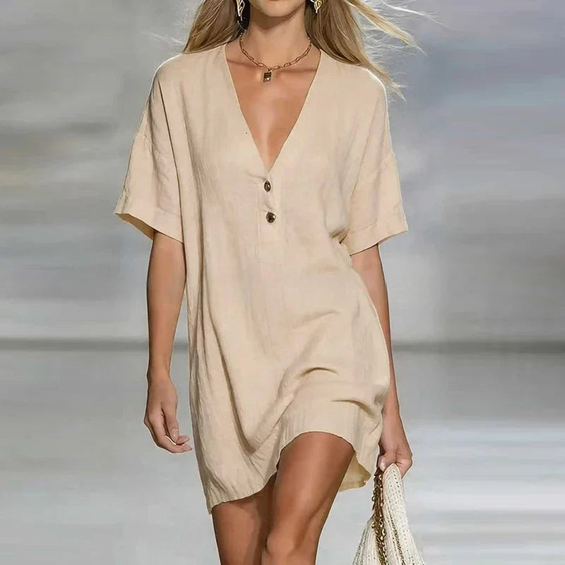 Liora | Women's V Neck Linen Shirt Dress-Omni Prime Goods