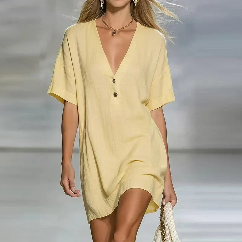 Liora | Women's V Neck Linen Shirt Dress-Omni Prime Goods