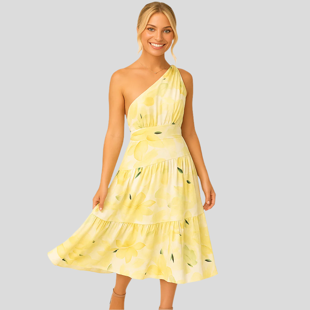 Lydia | Women's One Shoulder A-Line Midi Dress-Omni Prime Goods