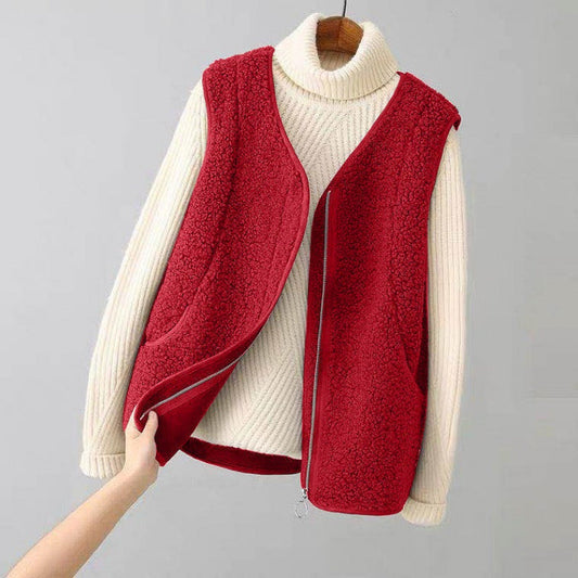 Gilet en polaire imitation peau de mouton pour femme, col en V et poches