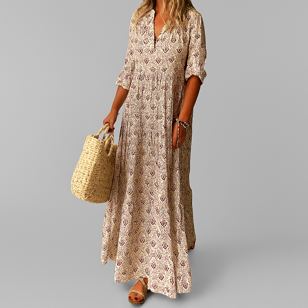 Melinda | Women's V-Neck 3/4 Sleeve Maxi Dress-Omni Prime Goods