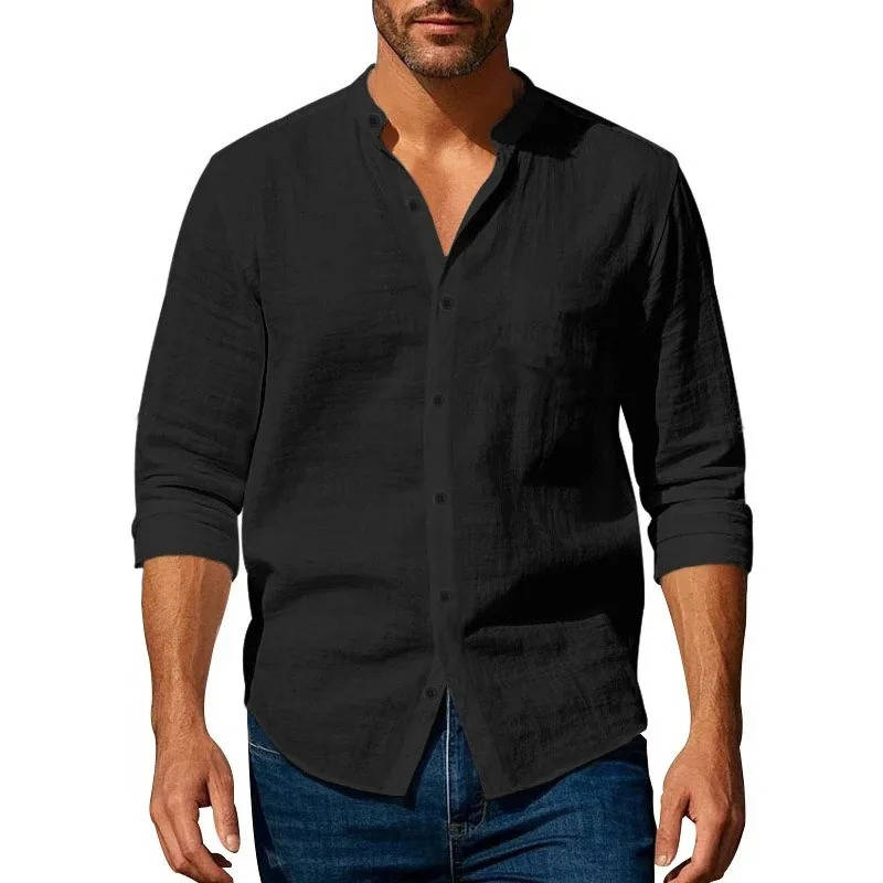 Men's Casual Long Sleeve Button-Up Linen Shirt-Omni Prime Goods