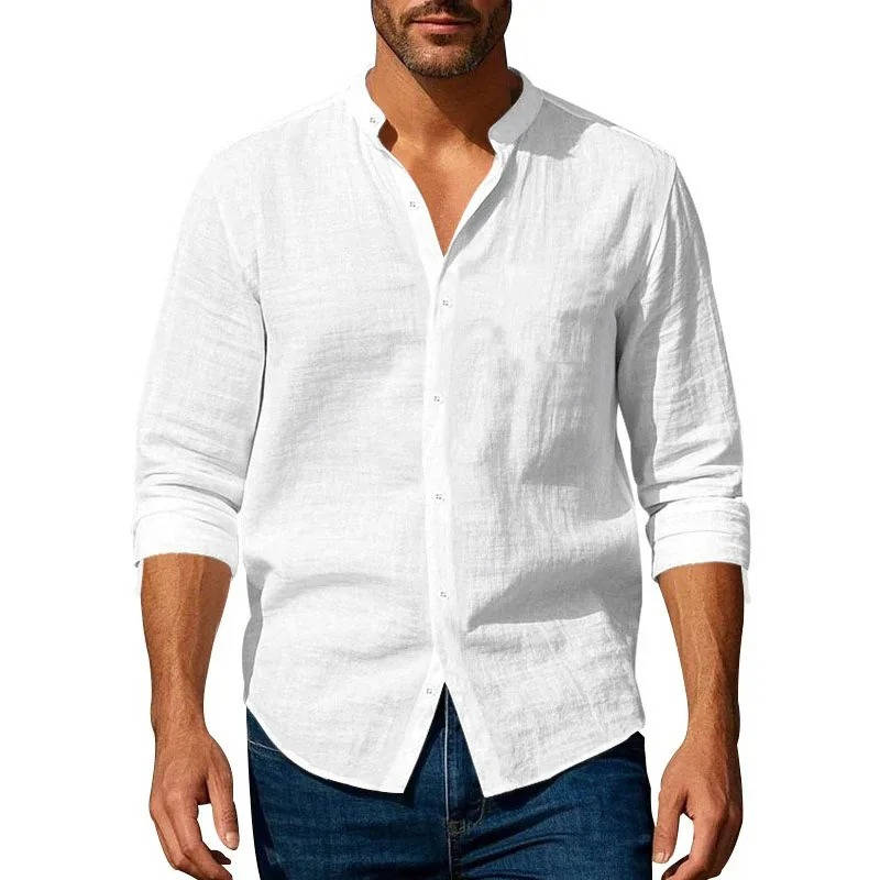 Men's Casual Long Sleeve Button-Up Linen Shirt-Omni Prime Goods
