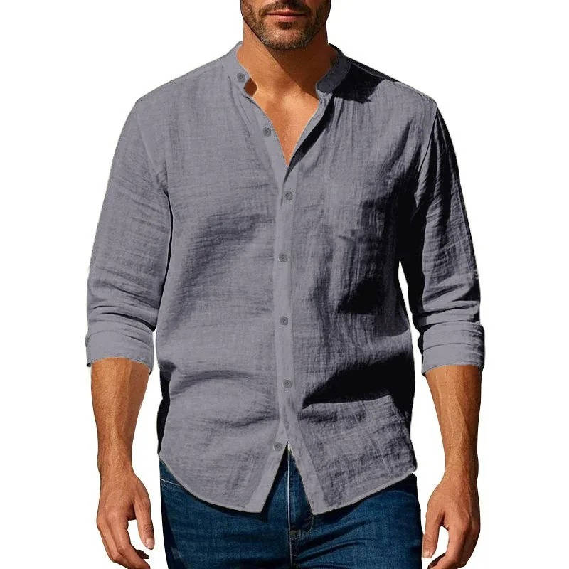 Men's Casual Long Sleeve Button-Up Linen Shirt-Omni Prime Goods