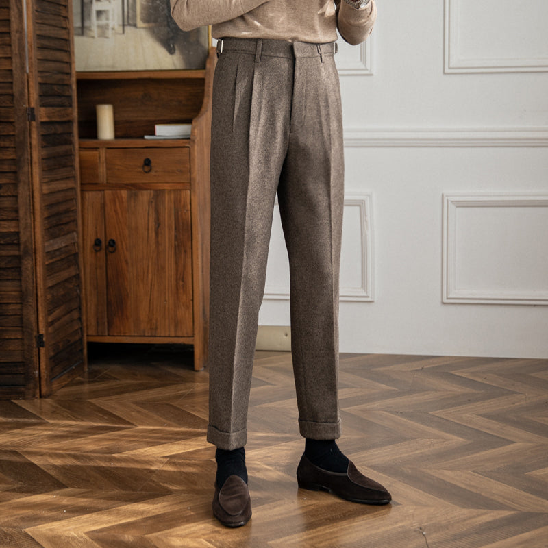 Men's High-Waisted Trousers with Side Buckle and Pleated Front-Omni Prime Goods