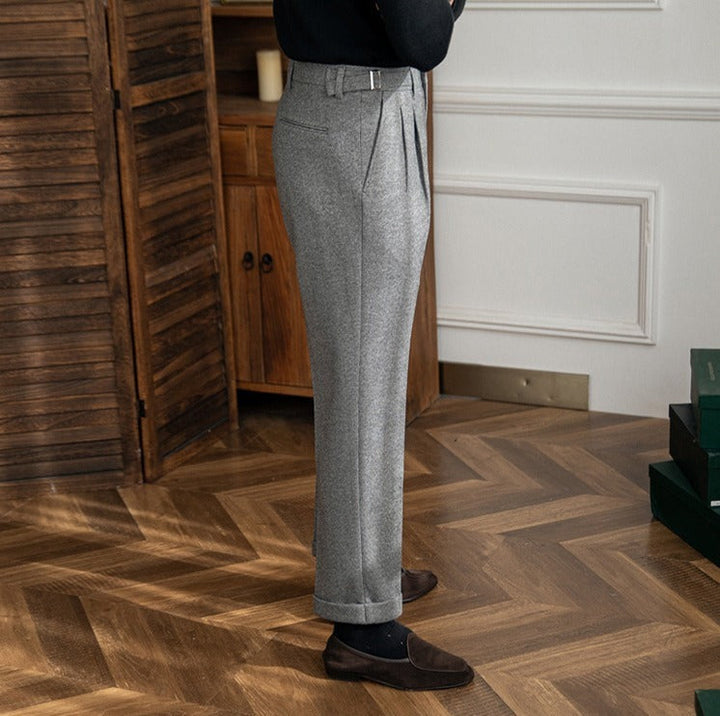 Men's High-Waisted Trousers with Side Buckle and Pleated Front-Omni Prime Goods