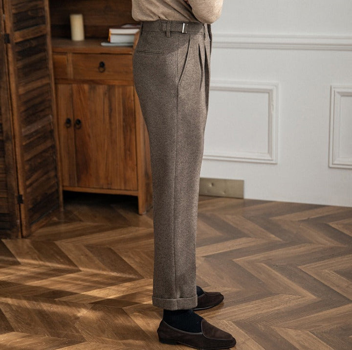 Men's High-Waisted Trousers with Side Buckle and Pleated Front-Omni Prime Goods