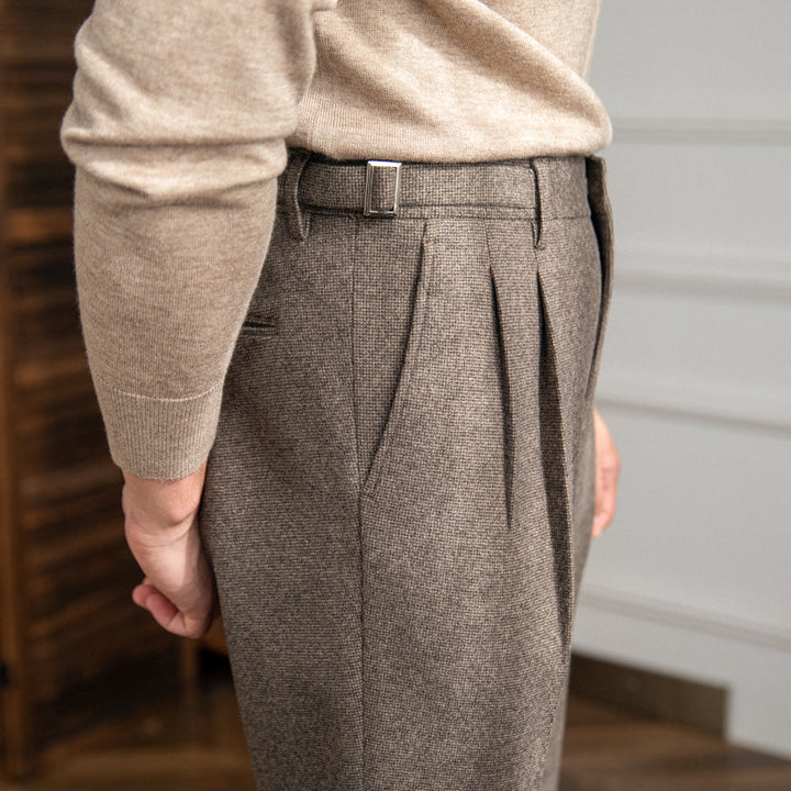 Men's High-Waisted Trousers with Side Buckle and Pleated Front-Omni Prime Goods