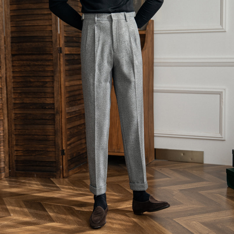 Men's High-Waisted Trousers with Side Buckle and Pleated Front-Omni Prime Goods