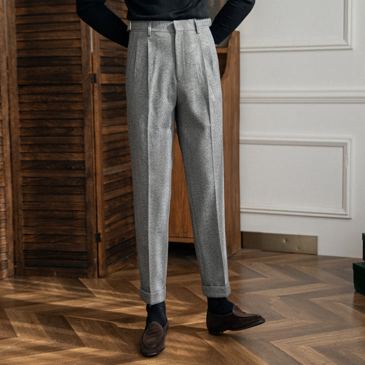 Men's High-Waisted Trousers with Side Buckle and Pleated Front-Omni Prime Goods