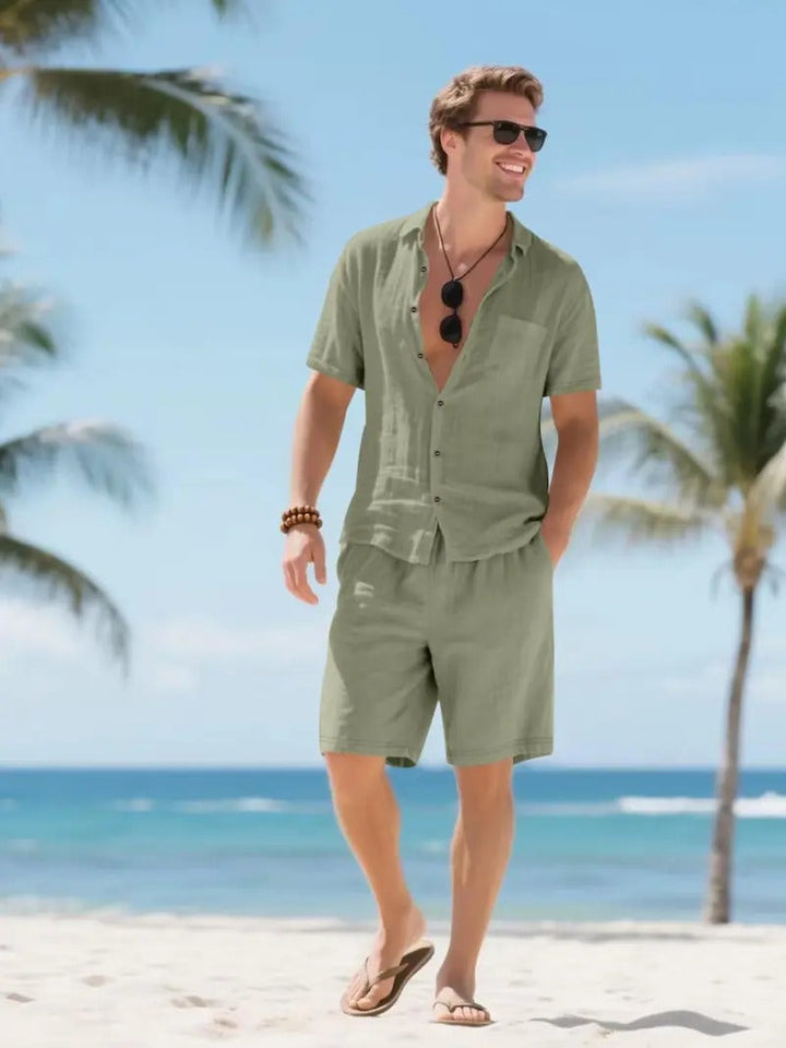 Men's Linen Short Sleeve Button-Up Shirt and Shorts Set for Summer-Omni Prime Goods
