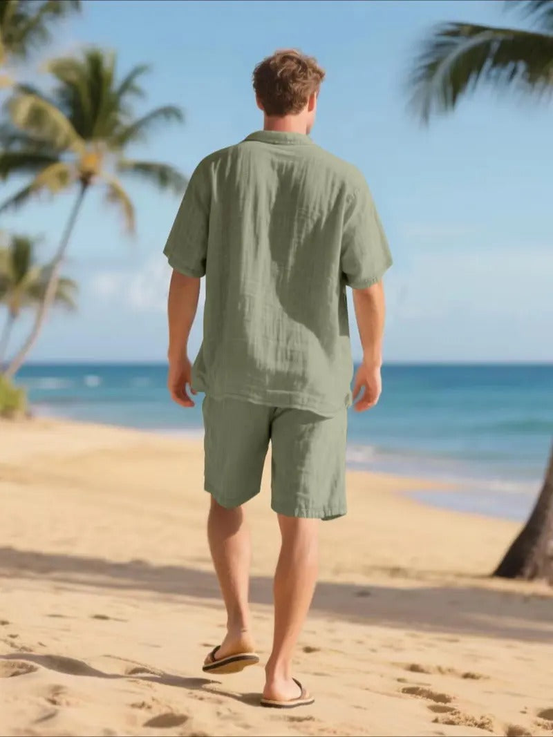 Men's Linen Short Sleeve Button-Up Shirt and Shorts Set for Summer-Omni Prime Goods