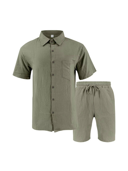 Men's Linen Short Sleeve Button-Up Shirt and Shorts Set for Summer-Omni Prime Goods