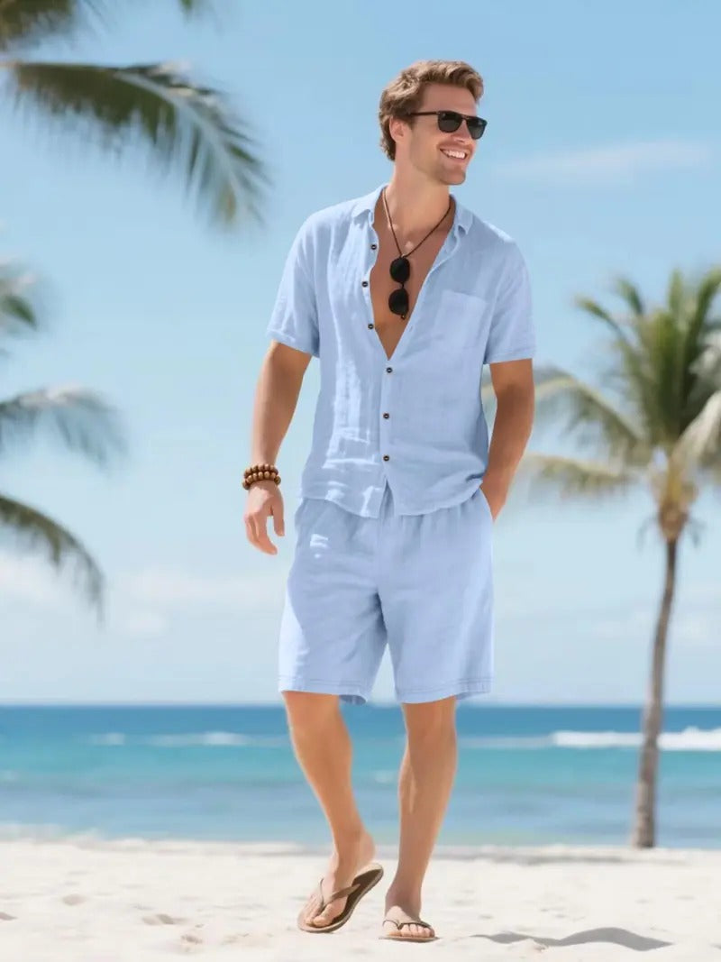 Men's Linen Short Sleeve Button-Up Shirt and Shorts Set for Summer-Omni Prime Goods