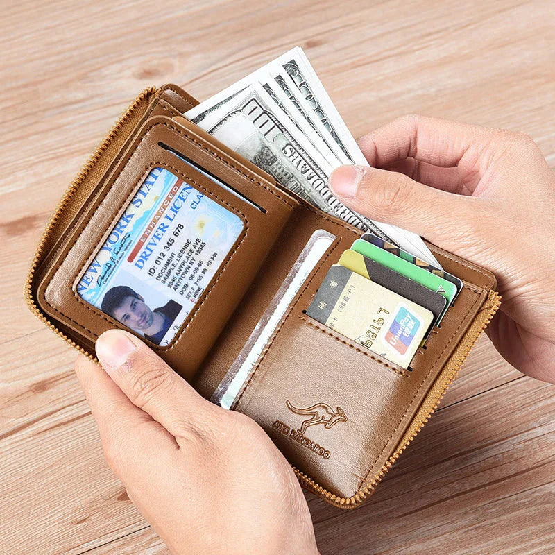 Men's RFID-Blocking Leather Wallet with Zipper Closure-Omni Prime Goods