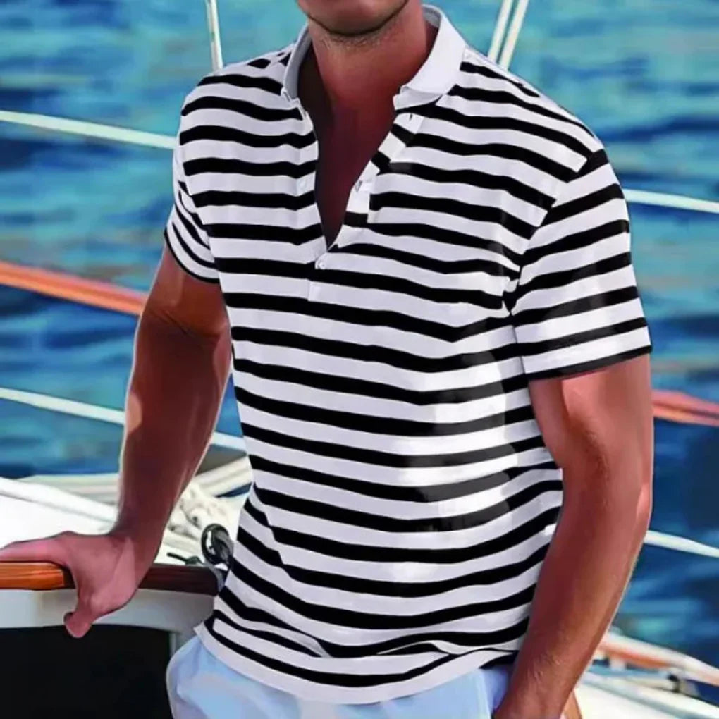 Men's Retro Striped Casual Polo Shirt-Omni Prime Goods