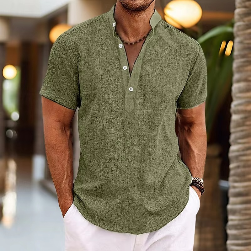 Men's Short Sleeve Casual Linen Henley Top-Omni Prime Goods