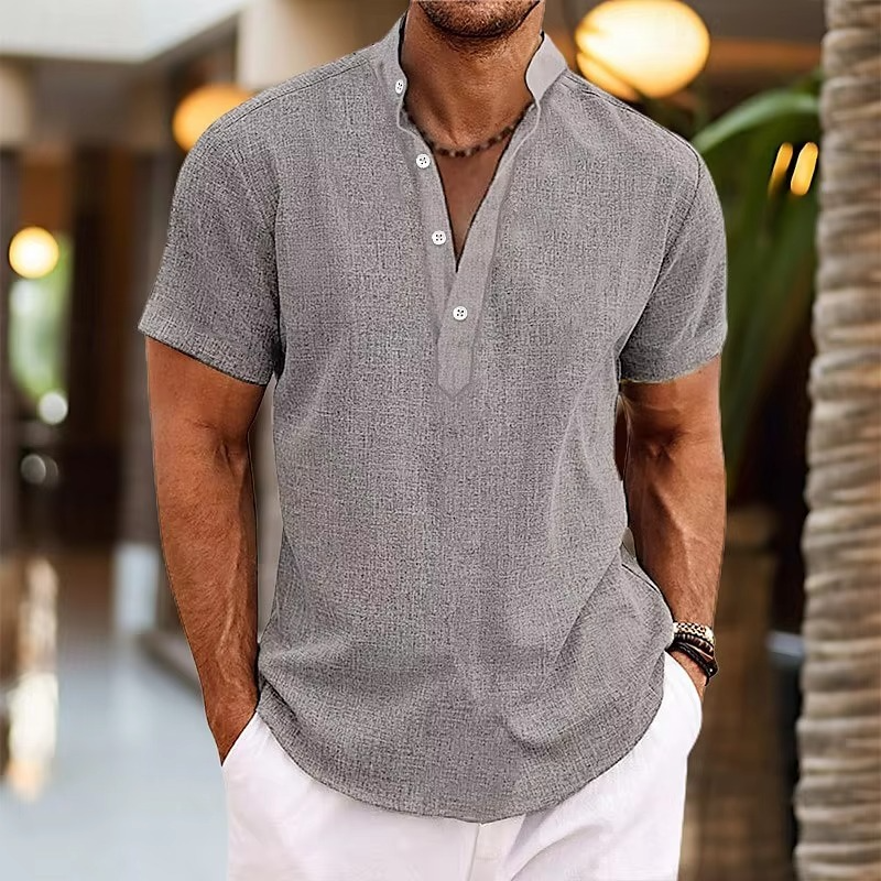 Men's Short Sleeve Casual Linen Henley Top-Omni Prime Goods