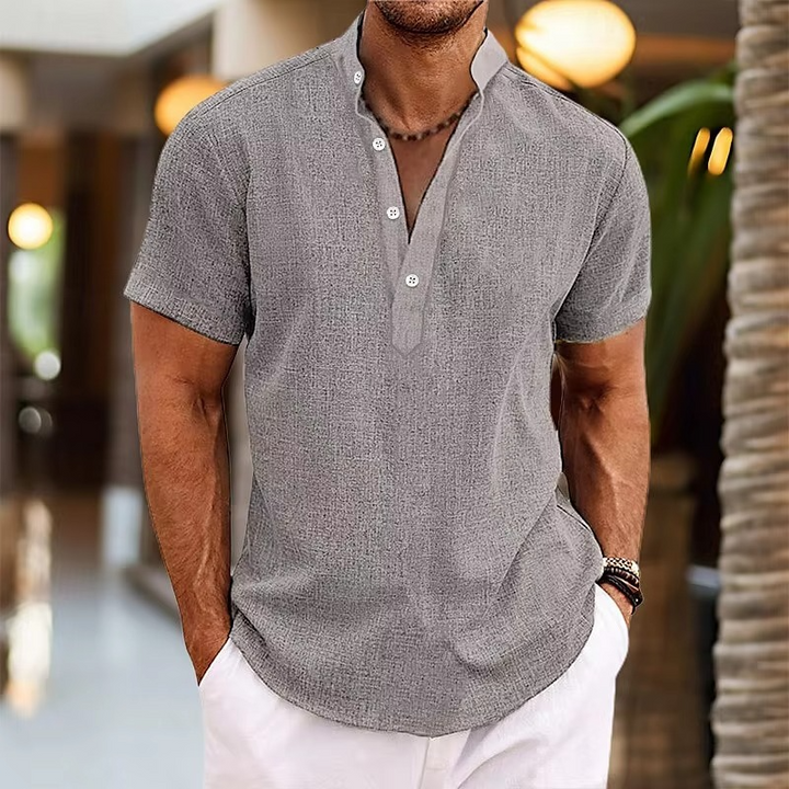 Men's Short Sleeve Casual Linen Henley Top-Omni Prime Goods