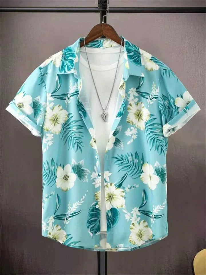 Men's Short-Sleeved Shirt with Button Placket and Pattern Design-Omni Prime Goods