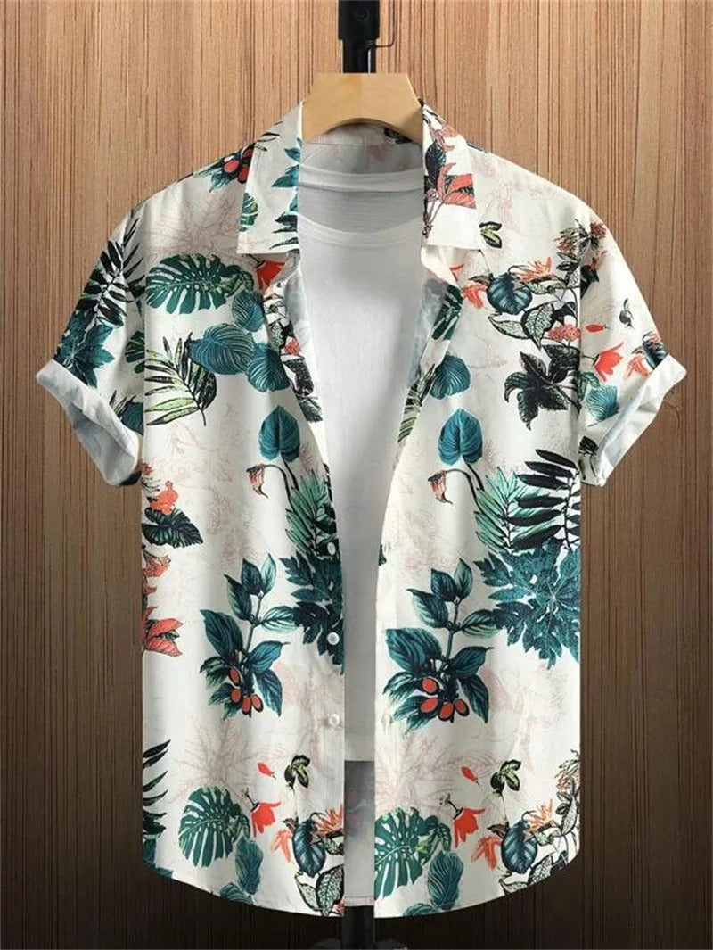 Men's Short-Sleeved Shirt with Button Placket and Pattern Design-Omni Prime Goods