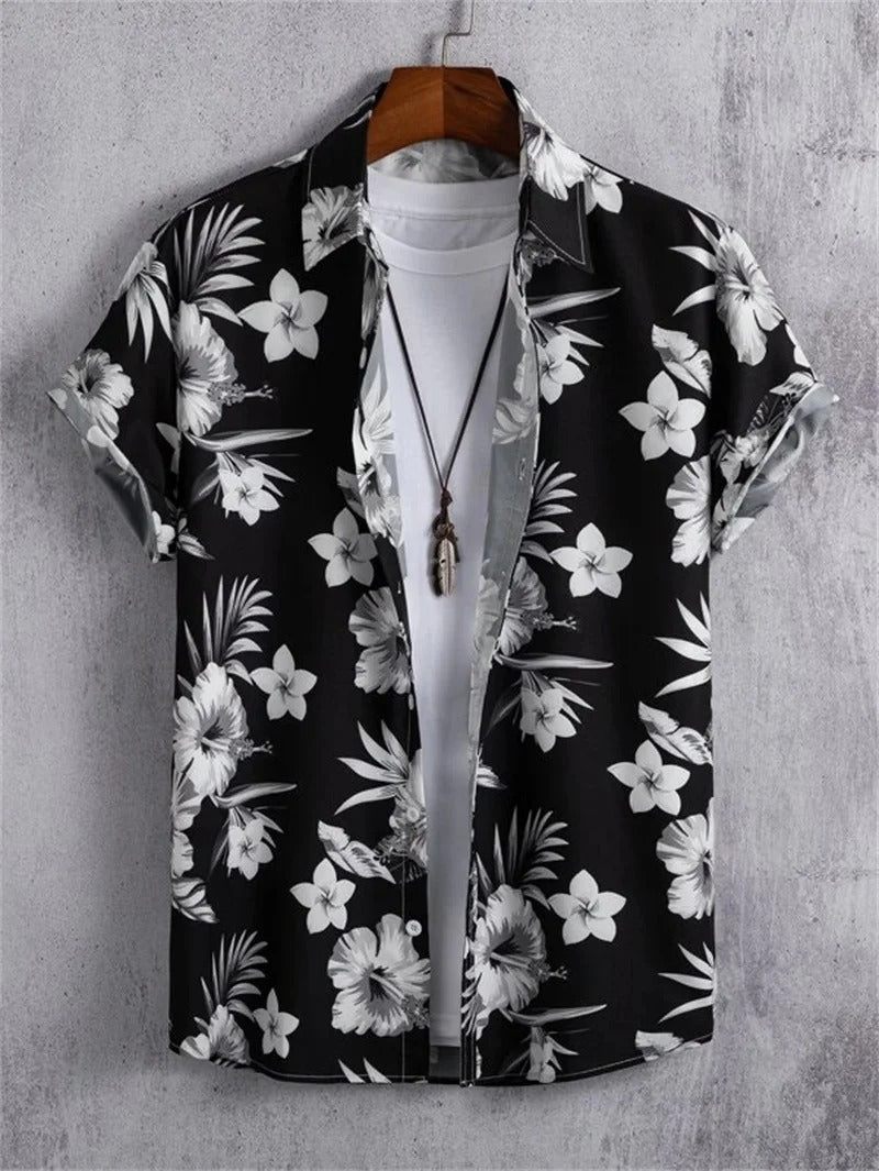 Men's Short-Sleeved Shirt with Button Placket and Pattern Design-Omni Prime Goods