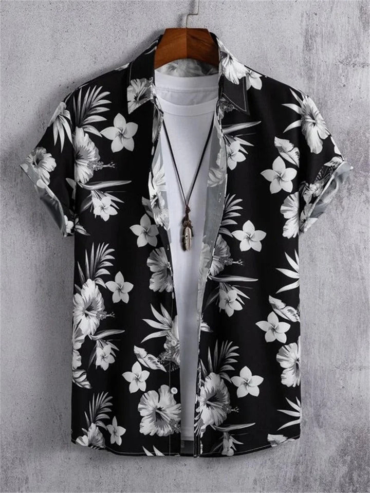 Men's Short-Sleeved Shirt with Button Placket and Pattern Design-Omni Prime Goods