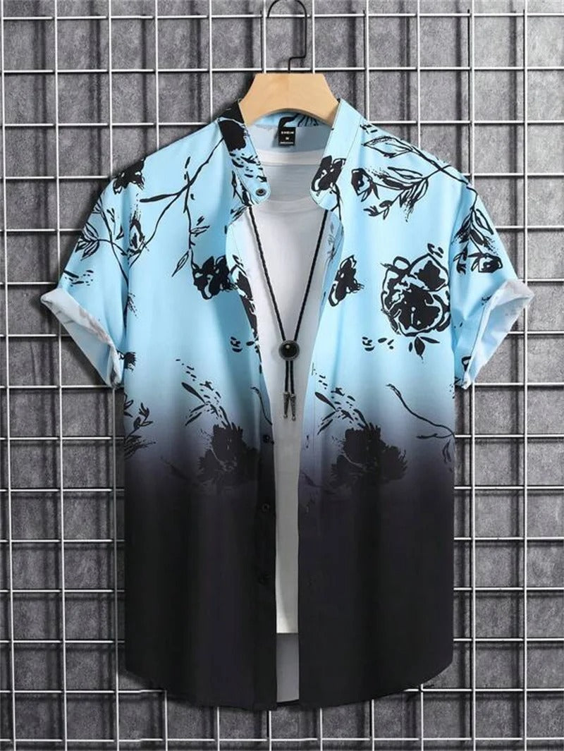 Men's Short-Sleeved Shirt with Button Placket and Pattern Design-Omni Prime Goods