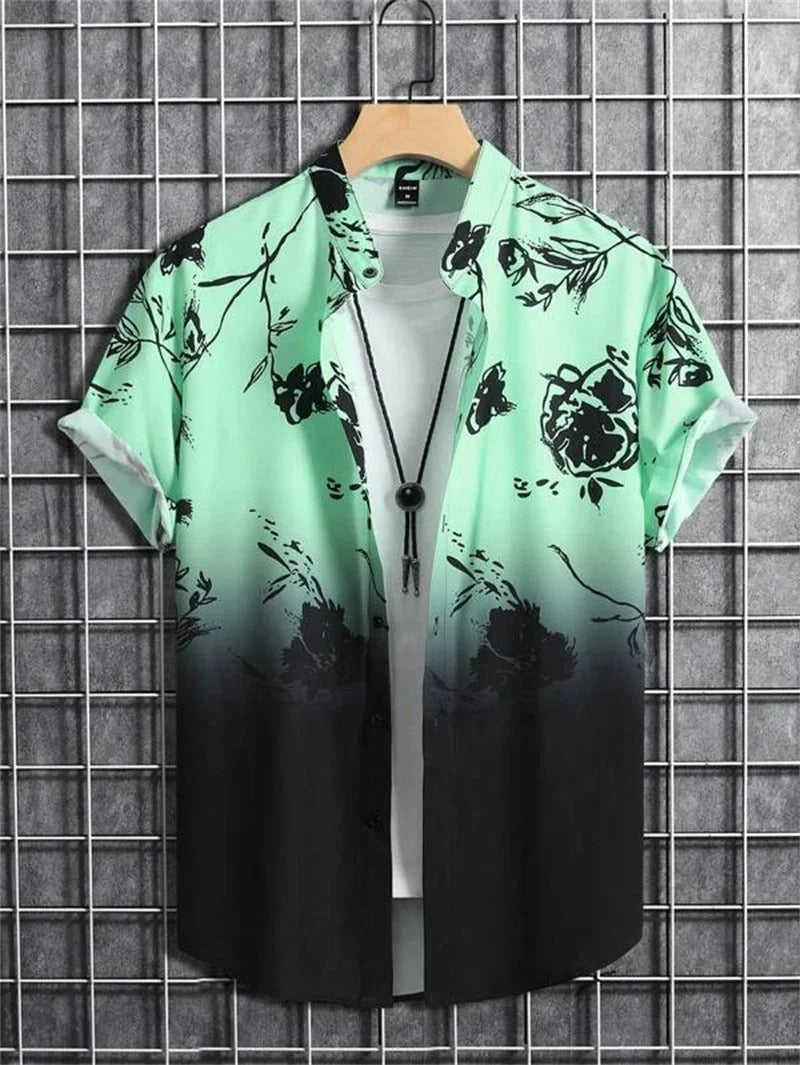 Men's Short-Sleeved Shirt with Button Placket and Pattern Design-Omni Prime Goods