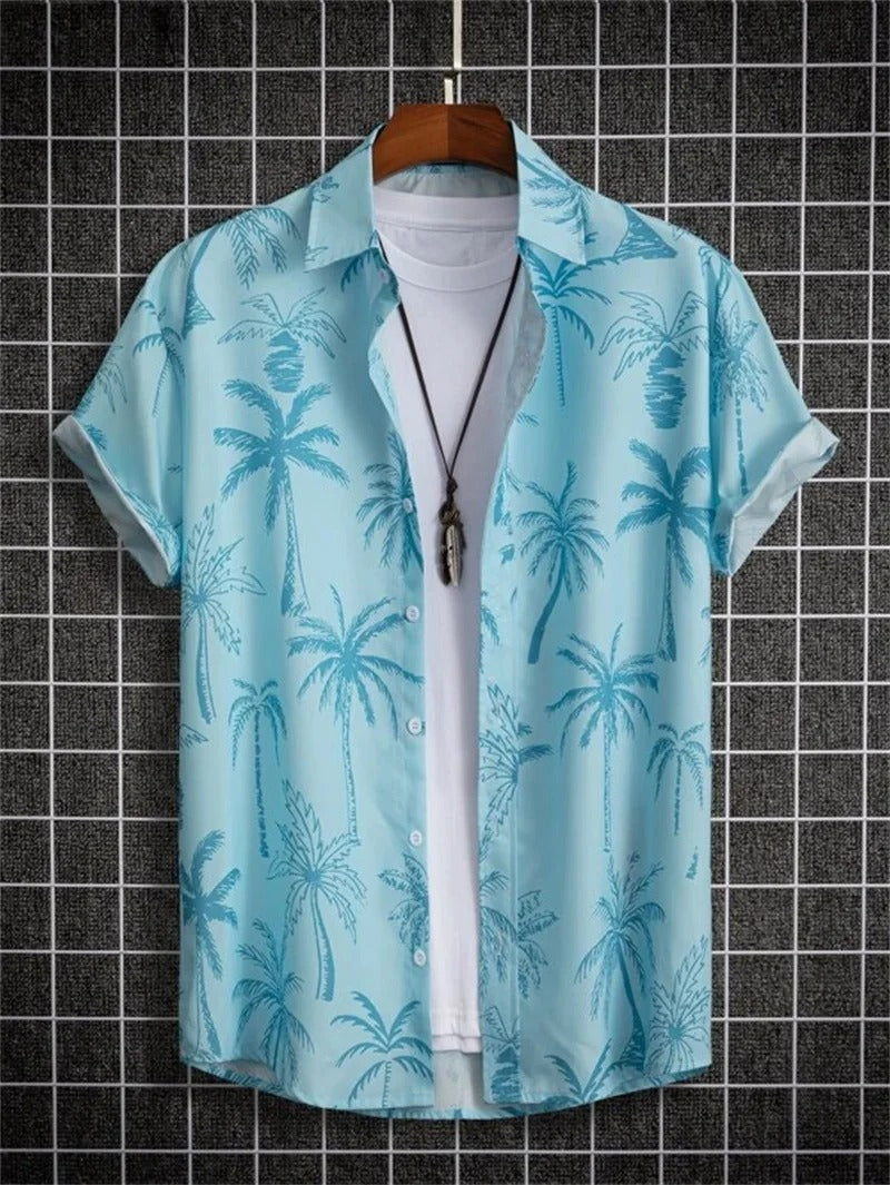 Men's Short-Sleeved Shirt with Button Placket and Pattern Design-Omni Prime Goods