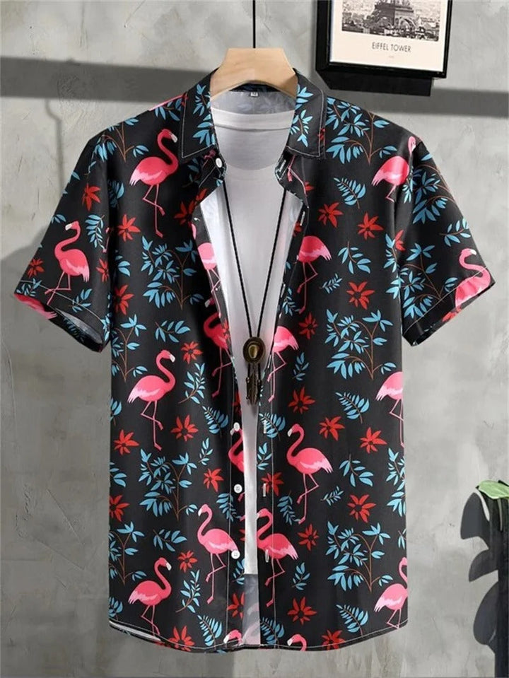 Men's Short-Sleeved Shirt with Button Placket and Pattern Design-Omni Prime Goods