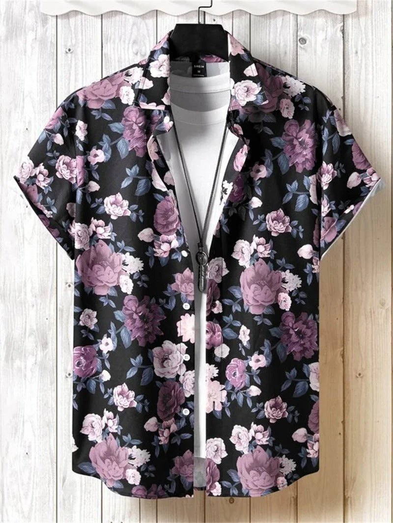 Men's Short-Sleeved Shirt with Button Placket and Pattern Design-Omni Prime Goods