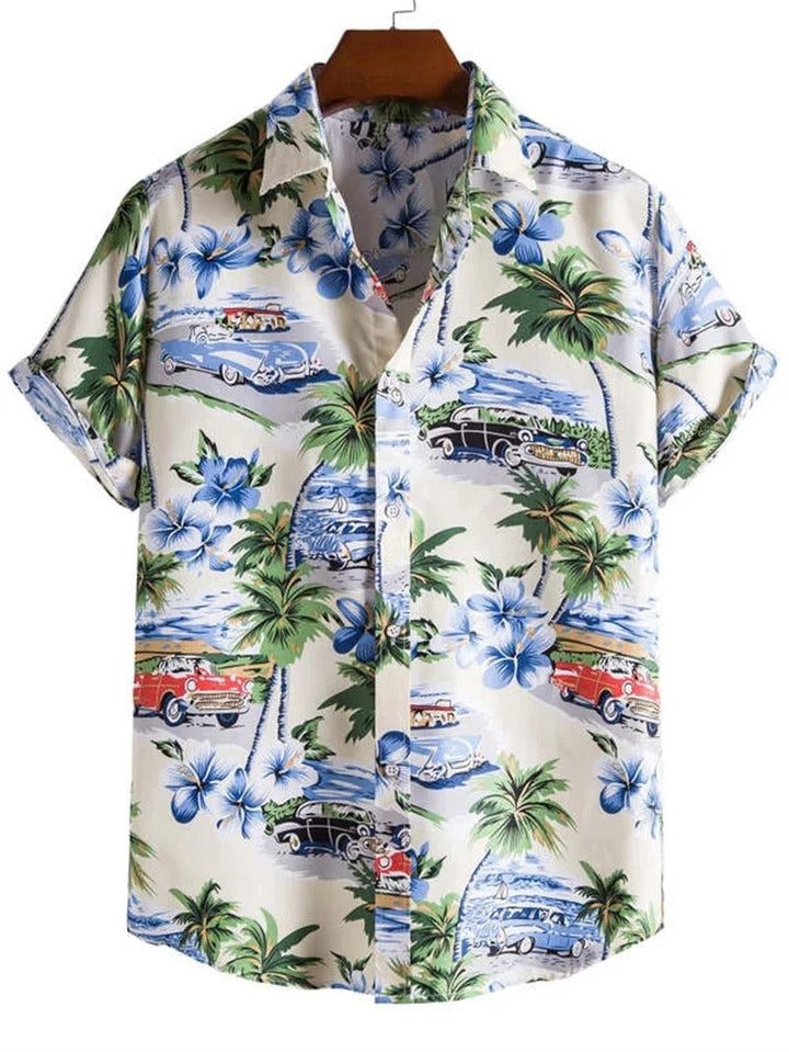 Men's Short-Sleeved Shirt with Button Placket and Pattern Design-Omni Prime Goods