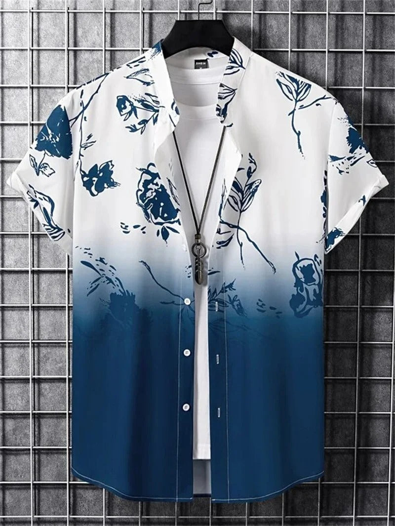 Men's Short-Sleeved Shirt with Button Placket and Pattern Design-Omni Prime Goods